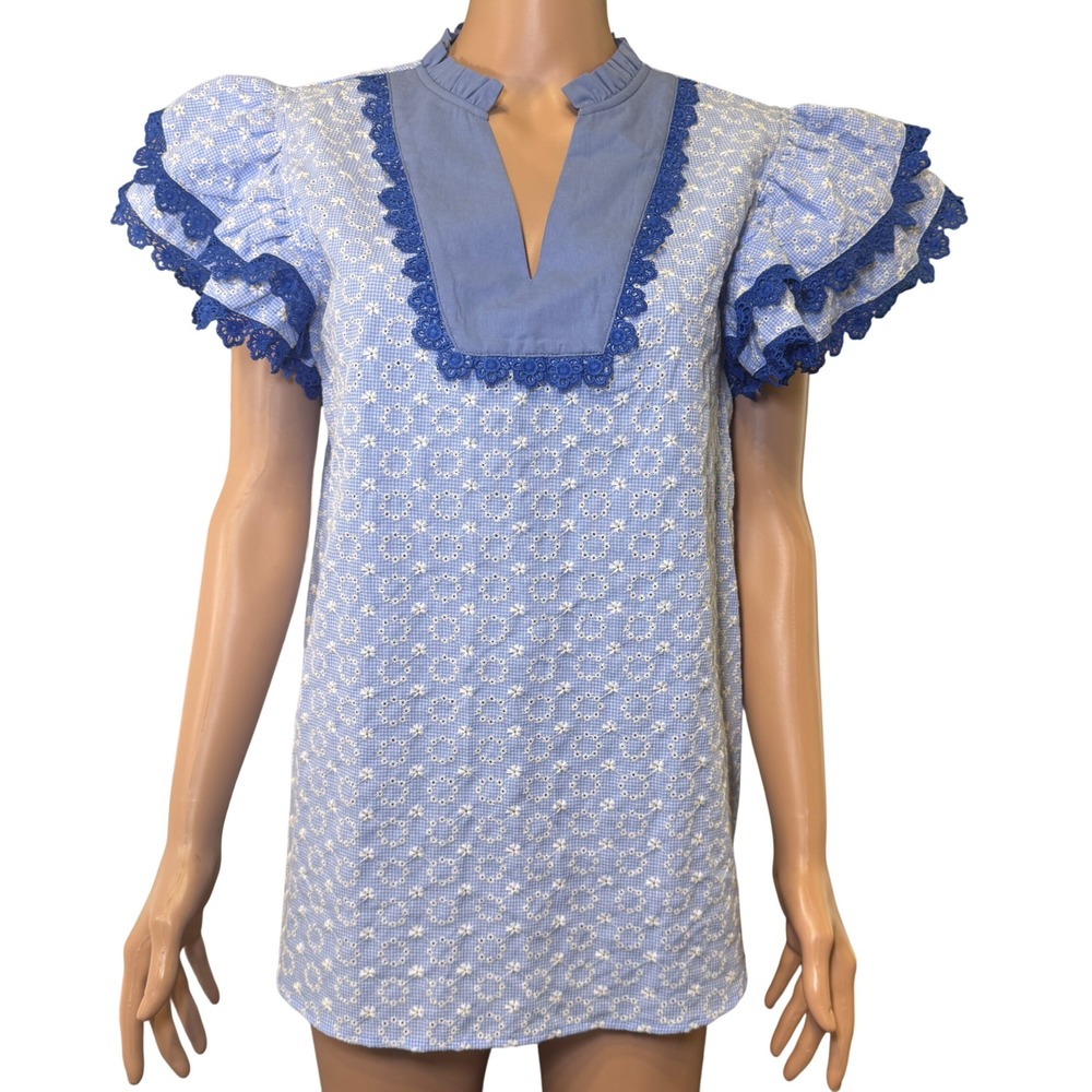 Sewn + Seen Blue Gingham Eyelet Flutter Ruffle Sleeve Lace Trim‎ Blouse Small